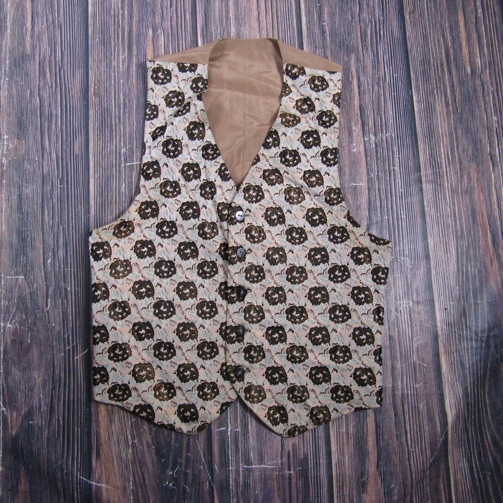 Vest Womens Size Brown Cat Print Satin Lined Button Front Pockets Short